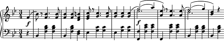 
 \relative c' {
  \new PianoStaff
<<
   \new Staff { \key g \minor \time 3/4 \partial 4 \set Score.tempoHideNote = ##t \tempo "" 2. = 64
 f4( bes8) r8
    <<
   {
     <f bes>4. <f bes>8 <f bes>4 <f bes> <d f b> <ees g c>8 r <g c>4. <g c>8 <g c>4 <g c> <g c>( g'2)(\( a4) <a, ees'>8\) r <a ees'>4. <a ees'>8( f'2)(\( g4) <bes, d>\) r
   }
    \\
   {
     s4. s8 s4 s s s8 s s4. s8 s4 s s ees2.\f s8 s s4. s8 d2.
   }
    >>
   }
   \new Dynamics {
    s\f
      }
   \new Staff { \key g \minor \time 3/4 \clef bass \partial4
      r4 bes,, <f' bes d> <f bes d> bes, <f' bes d> <d f> ees <g c> <g c> ees <g c> <g c> <f, f'> <f' c' ees> <f c' ees> f, <f' c' ees> <f c' ees> bes, <f' bes d> <f bes d> bes, <f' bes d>
   }
  >>
 }
