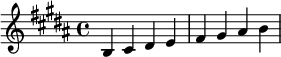  \relative c' { \clef treble\key b \major b cis dis | e fis gis ais b } 