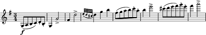  \relative g {
   \key g \major \time 3/4
   g8( \f a b c) d-. b-.
   g4 g'2->
   fis4 d'2->
   \grace { e32( d cis } d4) g b
   fis8( g a b) c-. a-.
   b4 e2->
   cis8( d e fis) g-. e-.
   fis4 a2->
} 