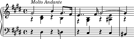 {
  \set Score.tempoHideNote = ##t
  \new PianoStaff <<
    \new Staff { \clef violin \key e \major \time 4/4 \tempo 4 = 60
      << { \voiceOne
        gis'2(^\markup{\italic{Molto Andante}} b'4 gis'8. fis'16
        e'4.. fis'16 gis'2~
        gis'4
      }
      \new Voice { \voiceTwo
        r4 <b dis'> r b
        r4 <gis b> r <ais e'>
        r
      } >> \oneVoice
    }
    \new Staff { \clef bass \key e \major \time 4/4
      r4 dis r d
      r cis r cis
      bis,
    }
  >>
}