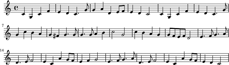 \relative c' { c g c f e d c4. g'8 g4 a d, e8 f8 e4 d c2 c4 g c f e d c4. g'8 g4 c b a g fis g4. g8 g4. g8 a4 b c2 g c4 b a g g8 f e f d2 e4. f8 g4. a8 d,4. e8 f2 e4 c a' g8 f e4 f g2 e4. f8 g4. a8 d,4. e8 f2 e4 c a' g8 f e4 d c2}