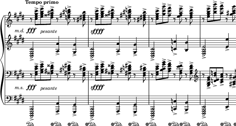 
\header { tagline = ##f }
\score {
  \new StaffGroup \with { systemStartDelimiter = #'SystemStartBrace \remove Span_bar_engraver midiInstrument = "acoustic grand" } <<
    \new PianoStaff \with { \remove System_start_delimiter_engraver \override StaffGrouper.staff-staff-spacing.basic-distance = 7 } <<
      \set PianoStaff.connectArpeggios = ##t
      \override PianoStaff.Arpeggio.stencil = #ly:arpeggio::brew-chord-bracket
      \new Staff \relative c'' {
        \time 4/4
        \omit Staff.TimeSignature
        \set Staff.extraNatural = ##f
        \key cis \minor
        \clef treble
        \override DynamicTextSpanner.style = #'none
        \tempo "Tempo primo" 4=34
        \once \override DynamicText.Y-offset = #-3.4 r8\fff <cis e gis cis>-> <e gis b e>->_\markup { \lower #3.4 \italic pesante } <dis fisis ais dis>-> r <d fis bis d>-> r <bis dis fis bis> | % mt 46
        r8_\markup { \lower #3.4 \dynamic sffff } \once \omit Staff.DynamicText <cis e gis cis>\ffff-> <e gis b e>-> <dis fisis ais dis>-> r <d fis bis d>-> r <bis dis fis bis>-> | % mt 47
        r8 <cis e gis cis>-> <gis' cis gis'>-> <fis cis' fis>-> r <e fis a e'>-> r <dis fis a dis>-> | % mt 48
        r8 <e gis b e>-> <b' e b'>-> <a e' a>-> r <gis ais cis gis'> r <fisis ais cis fisis>-> | % mt 49
        r8_\markup { \lower #3 \dynamic sffff } \once \omit Staff.DynamicText <gis b dis gis>\ffff-> <a cis e a>-> <fis a cis fis>-> <gis b dis gis>-> <e gis b e>-> <fis a cis fis>-> <dis fis a dis>-> | % mt 50
        <e gis b e>8-> q-> <fis a cis fis>-> <dis fis a dis>-> <e gis b e>-> <cis e gis cis>-> <dis fis a dis>-> <bis dis fis bis>-> | % mt 51
        \once \override Score.BarLine.space-alist = #'((next-note . (semi-fixed-space . 2)) (right-edge . (extra-space . 0)))
        <cis e gis cis>8->\arpeggio q-> <e gis b e>-> <dis fisis ais dis>-> r <d fis bis d>-> r <bis dis fis bis>-> | % mt 52
        r8 < cis e gis cis>-> <gis' cis gis'>-> <fis cis' fis>-> r <e fis bis e>-> r <bis dis fis bis>-> | % mt 53
        \once \override Score.BarLine.space-alist = #'((next-note . (semi-fixed-space . 2)) (right-edge . (extra-space . 0)))
        <cis e gis cis>8->\arpeggio \once \override DynamicTextSpanner.Y-offset = #-4 <cis, gis' cis>--[\dim <d a' d>-- <b fis' b>--] <cis gis' cis>-- <a e' a>-- <b fis' b>-- <gis d' gis>-- | % mt 54
        <a fis' a>8-- q--[ <cis fis cis'>-- <b fis' b>--] r <a e' a>--_\markup { \lower #4 \halign #-0.5 \fontsize #1 \italic dim. } r <gis fis' gis>-- | % mt 55
        r4 <cis a' cis>2.--_\markup { \lower #4 \dynamic mf } | r4 <cis gis' cis>2.-- | r4 <cis a' cis>2.-- | r4 <cis fis ais cis>2.-- | r4 <cis fis a? cis>2.-- | %mt 61
        r2 <cis e gis cis>4.( <gis' cis e gis>8) | \once \override DynamicText.Y-offset = #-3 q1\ppp\fermata \bar "|." | % mt 63
      }
      \new Staff \with { \override VerticalAxisGroup.staff-staff-spacing.basic-distance = #15 } \relative c' {
        \time 4/4
        \omit Staff.TimeSignature
        \key cis \minor
        \clef treble
        \omit Staff.DynamicText
        \omit Staff.DynamicTextSpanner
        <cis, e gis cis>2->\fff^\markup { \hspace #-7 \raise #2.2 \italic m.d. } <a' a'>4->\fff <gis gis'>-> | % mt 46
        <cis, e gis cis>2->\ffff <a' a'>4-> <gis gis'>-> | % mt 47
        <cis, e gis cis>2-> <c' c'>4-> <b b'> | % mt 48
        <e, gis b e>2-> <e' e'>4-> <dis dis'>-> | % mt 49
        <gis, b dis gis>1\ffff~| % mt 50
        q8 r r4 r2 | % mt51
        <cis, cis'>2->\arpeggio <a' a'>4-> <gis gis'> | % mt 52
        <cis, e gis cis>2-> <a' a'>4-> <gis gis'>-> | % mt 53
        <cis, cis'>2\arpeggio~\dim q8 r r4 | % mt 54
        r2 fisis4-- gis-- | % mt 55
        cis,1-- | cis1-- | cis1-- | cis1-- | cis1-- | cis1~-- | 1\ppp\fermata | % mt 63
      }
    >>
    \new PianoStaff \with { \remove System_start_delimiter_engraver \override StaffGrouper.staff-staff-spacing.basic-distance = 7 } <<
      \set PianoStaff.connectArpeggios = ##t
      \override PianoStaff.Arpeggio.stencil = #ly:arpeggio::brew-chord-bracket
      \new Staff \relative {
        \time 4/4
        \omit Staff.TimeSignature
        \key cis \minor 
        \clef bass
        \set Staff.extraNatural = ##f
        \override DynamicTextSpanner.style = #'none
        \once \override DynamicText.Y-offset = #-4 r8\fff <e gis cis e>-> <gis b e gis>->_\markup { \lower #4 \italic pesante } <fisis ais dis fisis>-> r <fis bis d fis>-> r <dis fis bis dis>-> | % mt 46
        r8_\markup { \lower #3.6 \dynamic sffff } \once \omit Staff.DynamicText <e gis cis e>\ffff-> <gis b e gis>-> <fisis ais dis fisis>-> r <fis bis d fis>-> r <dis fis bis dis>-> | % mt 47
        r8 <e gis cis e>-> <b' cis gis' b>-> <a cis fis a>-> r <fis a e' fis>-> r <fis a dis fis>-> | % mt 48
        \clef treble r8 <gis b e gis>-> <d' e b' d>-> <cis e a cis>-> r <ais cis gis' ais>-> r <ais cis fisis ais>-> | % mt 49
        r8_\markup { \lower #3.6 \dynamic sffff } \once \omit Staff.DynamicText <b dis gis b>\ffff-> <cis e a cis>-> <a cis fis a>-> <b dis gis b>-> <gis b e gis>-> <a cis fis a>-> <fis a dis fis>-> | %mt 50
        <gis b e gis>8-> q-> <a cis fis a>-> <fis a dis fis>-> <gis b e gis>-> <e gis cis e>-> <fis a dis fis>-> <dis fis bis dis>-> | % mt 51
        \clef bass <e gis cis e>->\arpeggio q-> <gis b e gis>-> <fisis ais dis fisis>-> r <fis bis d fis>-> r <dis fis bis dis>-> | % mt 52
        r8 <e gis cis e>-> <b' cis gis' b>-> <a cis fis a>-> r <fis bis e fis>-> r <dis fis bis dis>-> | % mt 53
        <e gis cis e>8->\arpeggio \once \override DynamicTextSpanner.Y-offset = #-4 <e gis e'>--[\dim <fis a fis'>-- <d fis d'>--] <e gis e'>-- <cis e cis'>-- <d fis d'>-- <b fis' b>-- | % mt 54
        <cis fis cis'>8-- q--[ <e fis e'>-- <d fis d'>--] r <e cis'>--_\markup { \lower #4 \halign #-0.5 \fontsize #1 \italic dim. } r <dis fis bis>-- | % mt 5544
        r4 <e a e'>2.--_\markup { \lower #3.6 \dynamic mf } | r4 <e ais e'>2.-- | r4 <e g e'>2.-- | r4 <e fis ais e'>2.-- | r4 <dis fis a? dis>2.-- | % mt 61
        r2 <gis, cis e gis>4.( <e' gis cis e>8) | \once \override DynamicText.Y-offset = #-3 q1\ppp\fermata \bar "|." % mt 63
      }
      \new Staff \relative c, {
        \time 4/4
        \omit Staff.TimeSignature
        \key cis \minor
        \clef bass
        \omit Staff.DynamicText
        \omit Staff.DynamicTextSpanner
        <cis, e gis cis>2->\fff^\markup { \hspace #-7 \raise #2.6 \italic m.s. } <a' a'>4->\fff <gis gis'>-> | % mt 46
        <cis, e gis cis>2->\ffff <a' a'>4-> <gis gis'>-> | % mt 47
        <cis, e gis cis>2-> <c' c'>4-> <b b'>-> | % mt 48
        <e, gis b e>2-> <e' e'>4-> <dis dis'>-> | % mt 49
        <gis, b dis gis>1\ffff~ | % mt 50
        q8 r r4 r2 | % mt 51
        <cis, cis'>2->\arpeggio <a' a'>4 <gis gis'> | % mt 52
        <cis, e gis cis>2-> <a' a'>4-> <gis gis'>-> % mt 53
        <cis, cis'>2->\arpeggio~\dim q8 r r4 | % mt 54
        r2 <fisis fisis'>4-- <gis gis'>-- | % mt 55
        <cis, cis'>1-- | q1-- | q1-- | q1-- | q1-- | q1~-- | 1\ppp\fermata | % mt 63
      }
    >>
    \new Dynamics {
      s2\sustainOn s4\sustainOff\sustainOn s4\sustainOff\sustainOn | % mt 46
      s2\sustainOff\sustainOn s4\sustainOff\sustainOn s4\sustainOff\sustainOn | % mt 47
      s2\sustainOff\sustainOn s4\sustainOff\sustainOn s4\sustainOff\sustainOn | % mt 48
      s2\sustainOff\sustainOn s4\sustainOff\sustainOn s4\sustainOff\sustainOn | % mt 49
      s1\sustainOff\sustainOn | % mt 50
      s8 s8\sustainOff s4 s2 | %mt 51
      s2\sustainOn s4\sustainOff\sustainOn s4\sustainOff\sustainOn | % mt 52
      s2\sustainOff\sustainOn s4\sustainOff\sustainOn s4\sustainOff\sustainOn | % mt 53
      s2\sustainOff\sustainOn s8 s8\sustainOff s4 | % mt 54
      s2 s4\sustainOn s4\sustainOff\sustainOn | % mt 55
      s1\sustainOff | % mt 56
    }
  >>
  \layout {
    \context { \Score tempoHideNote = ##t }
    line-width = 608\mm
  }
  \midi {}
}
