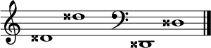 
\new Staff \with
{
  \omit TimeSignature
  fontSize = #2
  \override StaffSymbol.staff-space = #1.25
  \override StaffSymbol.thickness = #1.25
  \override Clef.full-size-change = ##t
  \override BarLine.hair-thickness = #2.4
  \override BarLine.thick-thickness = #7.5
  \override BarLine.kern = #3.75
  \override BarLine.transparent = ##t
}
{
  \time 18/8
  \clef treble
  s8
  disis'1 disis''
  s8
  \grace s8
  \clef bass
  \bar "|"
  s8
  disis,1 disis
  \override Staff.BarLine.transparent = ##f
  \bar "|."
}
