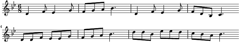 
\new Staff <<
\clef treble \key bes \major {
      \time 6/8 \partial 2.     
      \relative d' {
	d4 f8 es4 g8 | f8 g a bes4. | d,4 f8 es4 g8 | f8 d bes c4. \bar"" \break
        d8 d f es es g | f8 g a bes4. | d8 d bes es es d | c8 bes a bes4. \bar"" \break
      }
    }
%\new Lyrics \lyricmode {
%}
>>
\layout { indent = #0 }
\midi { \tempo 4. = 56 }
