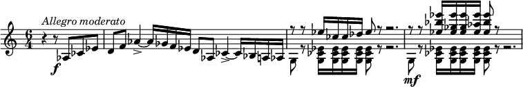 {
  \clef violin \key c \major \time 6/4 \tempo 4 = 70
  \set Score.tempoHideNote = ##t
  \partial 2. r4 ^\markup{\italic{Allegro moderato}} r8\f as ces' es'
  d'8 f' as'4->~ as'16 ges' f' es' d'8 as ces'4->~ ces'16 bes a as
  << { \voiceOne
    r8 r es''16 ces'' ces'' des'' es''8 r r2.
    r8 r8 <es'' bes'' es'''>16 <es'' ges'' es'''> <es'' ges'' es'''> <es'' as'' es'''> <es'' bes'' es'''>8 r
  }
  \new Voice { \voiceTwo
    g8 r <g ces' es'>16 <g ces' es'> <g ces' es'> <g ces' es'> <g ces' es'>8 r r2.
    g8\mf r <g ces' es'>16 <g ces' es'> <g ces' es'> <g ces' es'> <g ces' es'>8 r r2.
  } >> \oneVoice
}