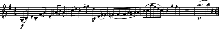  { \relative g { \key g \major \time 3/4
\partial 4 g8( \f b) | d4-. b-. fis'8( g) | d4-. ais'8( b) g4-. | cis8( d) b4-. fis'8( g) | d2 \sf d,8( es) |
e!8( f fis g gis a) | b8( c a' fis d c) | b4-. g'-. fis-. | R2. | a2.( \p | b4) r \bar ":|." }}
\layout { \context {\Score \override SpacingSpanner.common-shortest-duration = #(ly:make-moment 1/4) }} 