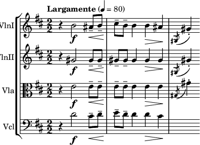  { \new StaffGroup << \new Staff \with { instrumentName = #"VlnI" } \relative c'' {  \set Staff.midiInstrument = #"violin" \clef treble \key b \minor \numericTimeSignature \time 2/2 \tempo "Largamente" 4=80 r4 b2\f ais8--\< b-- | cis\!-- b-- b4 b\> ais\! | \slashedGrace { gis,8( } gis'4)-. } \new Staff \with { instrumentName = #"VlnII" } \relative c'' {  \set Staff.midiInstrument = #"violin" \clef treble \key b \minor \numericTimeSignature \time 2/2 r4 gis2\f gis8--\< gis-- | gis\!-- gis-- gis4 gis\> gis\! | \slashedGrace { gis,8( } gis'4)-. } \new Staff \with { instrumentName = #"Vla" } \relative c' {  \set Staff.midiInstrument = #"viola" \clef alto \key b \minor \numericTimeSignature \time 2/2 r4 e2\f e8--\< e-- | e\!-- e-- e4 e\> e\! | \slashedGrace { gis,8( } gis'4)-. } \new Staff \with { instrumentName = #"Vcl" } \relative c' {  \set Staff.midiInstrument = #"cello" \clef bass \key b \minor \numericTimeSignature \time 2/2 r4 d2\f cis8--\< d-- | e\!-- d-- d4 d\> cis\! | s4 } >> } 