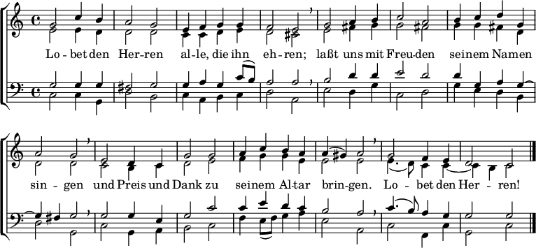 
% Quelle: https://www.johann-crueger.de/praktische-ausgaben/lobet-den-herren-alle-die-ihn-ehren_crueger-1657-58_131_eg-447.pdf
\header { tagline = ##f }
\layout { indent = 0
          \context { \Score \remove "Bar_number_engraver" }
          \context { \Voice \remove "Dynamic_engraver" }
}
global = { \key c \major \time 4/4 }
soprano = { \global \set Staff.midiPanPosition = -0.5 \set midiInstrument = "flute"
  g'2 c''4 b'4 | a'2 g'2 | e'4 f'4 g'4 g'4 | f'2 e'2 | \breathe
  g'2 a'4 b'4 | c''2 a'2 | b'4 c''4 d''4 g'4 | a'2 g'2 | \breathe
  e'2 d'4 c'4 | g'2 g'2 | a'4 c''4 b'4 a'4 | a'4 ( gis'4 ) a'2 | \breathe g'2 f'4 e'4 | d'2 c'2 \bar "|."
}
alto = { \global \set Staff.midiPanPosition = 0.5 \set midiInstrument = "oboe"
  e'2 e'4 d'4 | d'2 d'2 | c'4 c'4 d'4 e'4 | d'2 cis'2 \breathe
  e'2 fis'4 g'4 | g'2 fis'2 | g'4 g'4 fis'4 d'4 | d'2 d'2 \breathe
  c'2 b4 c'4 | d'2 e'2 | f'4 g'4 g'4 e'4 | e'2 e'2 \breathe | e'4. (d'8) c'4 c'4~ | c'4 b4 c'2
}
tenor = { \global \set Staff.midiPanPosition = -1 \set midiInstrument = "clarinet"
  g2 g4 g4 | fis2 g2 | g4 a4 g4 c'8 (b8) | a2 a2 | \breathe
  b2 d'4 d'4 | e'2 d'2 | d'4 g4 a4 g4~ | g4 fis4 g2 | \breathe
  g2 g4 e4 | g2 c'2 | c'4 e'4 d'4 c'4 | b2 a2 | \breathe c'4. (b8) a4 g4 | g2 g2
}
bass = { \global \set Staff.midiPanPosition = 1 \set midiInstrument = "bassoon"
  c2\ffff c4 g,4 | d2 b,2 | c4 a,4 b,4 c4 | d2 a,2 | \breathe
  e2 d4 g4 | c2 d2 | g4 e4 d4 b,4 | d2 g,2 | \breathe
  c2 g,4 a,4 | b,2 c2 | f4 e8 (f8) g4 a4 | e2 a,2 | \breathe c2 f,4 c4 | g,2 c2
}
verse = \lyricmode {
  Lo -- bet den Her -- ren al -- le, die ihn eh -- ren;
  laßt uns mit Freu -- den sei -- nem Na -- men sin -- gen
  und Preis und Dank zu sei -- nem Al -- tar brin -- gen.
  Lo -- bet den Her -- ren!
}
\score {
  \new ChoirStaff <<
    \new Staff \with {
      % midiInstrument = "choir aahs"
    } <<
      \new Voice = "soprano" { \voiceOne \soprano }
      \new Voice = "alto" { \voiceTwo \alto }
    >>
    \new Lyrics \with {
      \override VerticalAxisGroup #'staff-affinity = #CENTER
    } \lyricsto "soprano" \verse
    \new Staff \with {
      % midiInstrument = "choir aahs"
    } <<
      \clef bass
      \new Voice = "tenor" { \voiceOne \tenor }
      \new Voice = "bass" { \voiceTwo \bass }
    >>
  >>
  \layout { }
  \midi { \tempo 4=136
    \context { \Score midiChannelMapping = #'instrument }
    \context { \Staff \remove "Staff_performer" }
    \context { \Voice \consists "Staff_performer" }
  }
}
