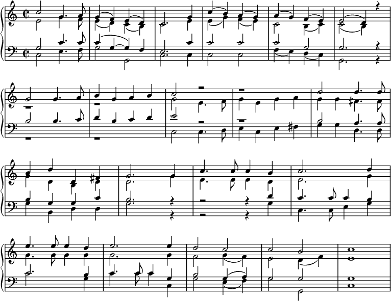 
{ \new PianoStaff <<
    \language "english" 
  \new Staff << 
    \new Voice \relative c'' { \set Score.tempoHideNote = ##t \override Score.BarNumber  #'transparent = ##t \tempo 2 = 74 \voiceOne \clef treble \key c \major \time 2/2
  c2 g4. a8 | g4( f) e( d) | c2. g'4 | c( b) a( g) | a( g) f( e) | e2( d4) r4 | \break
  g2 g4. a8 | b4 g a b | c2 r2 | r1 | d2 d4. d8 | \break 
  b4 d d, fs | g2. g4 | c4. c8 c4 b | c2. d4 | \break
  e4. e8 e4 d | e2. e4 | d2 c | c b  | c1
 } 
    \new Voice \relative c' { \voiceTwo 
  e2 g4. f8 | e4( d) c( b) | c2. e4 | e( g) f( e) | c2 b4( c) | c2( b4) s4 |
  r1 | r | g'2 e4. f8 | g4 e g a | g g fs4. fs8 | 
  g4 d b d | d2. g4 | e4. e8 e4 d | e2. g4 | 
  g4. g8 g4 g | g2. g4 | f2 g4( f) | e2 d4( f) | e1
 } 
  >>
  \new Staff <<
    \new Voice \relative c' { \clef bass \key c \major \time 2/2 \voiceOne
  g2 c4. c8 | c4( g ~ g) f | e2. c'4 | c2 c | c g | g2. r4 |
  b2 b4. c8 | d4 b c d | e2 r2 | r1 | b2 a4. a8 | 
  b4 g g c | b2. r4 | r2 r4 d | c4. c8 c4 b4 | 
  c2. b4 | c4. c8 c4 g | b2 g4( a) | g2 g | g1
 }
    \new Voice \relative c { \voiceTwo 
  c2 e4. f8 | g2 g,2 | c2. c4 | c2 c | f4( e) d( c) | g2. r4 |
  r1 | r | c2 c4. d8 | e4 c e fs | g g d4. d8 | 
  g4 b, d d | g2. r4 | r2 r4 g | c,4. c8 e4 g4 | 
  c2. g4 | c4. c8 c4 c, | g'2 e4( f) | g2 g, | c1
 } 
   >> >> }
