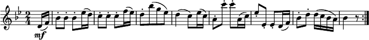  { \relative d' { \key bes \major \time 2/4
\partial 8 d16( \mf f) | bes8-. bes-. bes-. es16( d) | c8-. c-. c-. f16( es) | d8-.[ bes'( g es)] |
d4( c8) es16( c) | a8-. c'-. c-. a,16( c) | es8-. es,-. es-. d16( f) | bes8-. d-. d16( c bes a) | bes4 r8 \bar ":|." }}
\layout { \context {\Score \override SpacingSpanner.common-shortest-duration = #(ly:make-moment 1/8) }} 