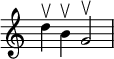  {
\override Score.TimeSignature
#'stencil = ##f
    \relative c'' {
        \time 4/4
        d4 \upbow b \upbow g2 \upbow
    }  }
