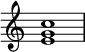 

{
\override Score.TimeSignature #'stencil = ##f
\relative c' {
   \clef treble 
   \time 4/4
   \key c \major
   <e g c>1
} }
