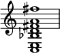 
{
    \override Score.TimeSignature #'stencil = ##f
        \time 4/4

        <c e bes fis' a' d' fis''>1
}
