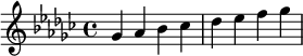  \relative c'' { \clef treble\key ges \major ges as bes ces | des es f ges } 