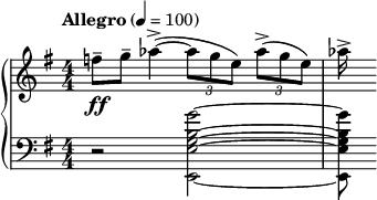  { \new PianoStaff << \new Staff \relative c'' { \clef treble \numericTimeSignature \time 4/4 \key e \minor \tempo "Allegro" 4 = 100 f8--\ff g-- aes4->(~ \times 2/3 { aes8 g e) } \times 2/3 { aes->( g e) } | aes16-> } \new Staff \relative c'' { \clef bass \numericTimeSignature \time 4/4 \key e \minor r2 < g b, g e e,>2~ | < g b, g e e,>8 } >> } 