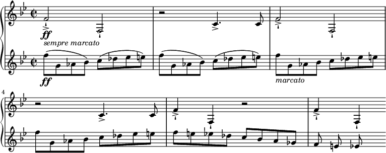 
\relative c' {
  \new PianoStaff <<
\new Staff {
      \set Staff.midiInstrument = #"brass section" \key bes \major\clef treble \time 2/2 \set Score.tempoHideNote = ##t \tempo 4 = 120
      f2 \ff _\markup { \italic { sempre marcato } } -! -> f,2 -! |
      r2 c'4. -> c8 |
      f2 -> -! f,2 -! |
      r2 c'4. -> c8 |
      f4 -> -! f,4 -! r2 |
      f'4 -> -! f,4 -!
    }
    \new Staff {
      \set Staff.midiInstrument = #"string ensemble 1" \key bes \major\clef treble \time 2/2 
      f''8 \ff ( g,8 as8 bes8 ) c8 ( des8 es8 e8 ) |
      f8 ( g,8 as8 bes8 ) c8 ( des8 es8 e8 ) |
      f8 _\markup{ \italic { marcato } } g,8 as8 bes8 c8 des8 es8 e8 |
      f8 g,8 as8 bes8 c8 des8 es8 e8 |
      f8 e8 es8 des8 c8 bes8 a8 ges8 |
      f8 e8 es8
    }
  >>
}
