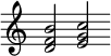  {
   \new Staff \with { \remove "Time_signature_engraver" } {\cadenzaOn \clef violin \key c \major  << { d'2} {f'2 } { b'2 } >> << {e'2} {g'2} {c''2} >> }
 }
