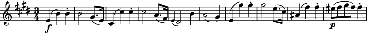  { \relative e' { \key e \major \time 3/4
e4( \f b') b-. | b2 gis8.( e16) | cis4( cis') cis-. | cis2 a8.( fis16) | \appoggiatura e4 dis2 b'4 | a2( gis4) |
e4( gis') gis-. | gis2 e8.( cis16) | ais4( fis') fis-. | eis8( \p fis gis fis) fis4-. }} 