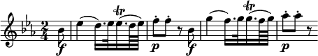  \relative bes' {
\key es \major \time 2/4
\partial 8 bes8 \f | es4( d16.) es32 es16.( \trill d64 es) | f8 -. \p f-. r bes, \f
g'4( f16.) g32 g16.( \trill f64 g) | as8 -. \p as-. r
} 