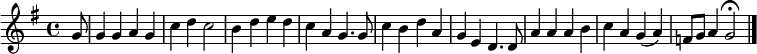 
{
\clef treble \key g \major \tempo 4=90 \set Staff.midiInstrument = "english horn" {
      \set Score.tempoHideNote = ##t
      \override Score.BarNumber #'transparent = ##t
      \time 4/4
      \relative
      { \partial 8 g'8 g4 g a g c4 d c2 b4 d e d c a g4. g8 c4 b d a g e d4. d8 a'4 a a b c a g (a) f8 g a4 g2 \fermata \bar "|."}
    }
  }
