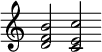  {
   \new Staff \with { \remove "Time_signature_engraver" } {\cadenzaOn \clef violin \key c \major  << { d'2} {f'2 } { b'2 } >> << {c'2} {e'2} {c''2} >> }
 }
