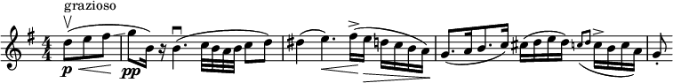  \relative c'' { \set Score.tempoHideNote = ##t \tempo 4 = 80 \set Staff.midiInstrument = #"violin" \clef treble \key g \major \numericTimeSignature \time 4/4 \partial 8*3 d8(\p\upbow^"grazioso"\< e fis\!\glissando | g\pp b,16) r b4.(\downbow c32 b a b c8 d ) | dis4( e4.)\< fis16\!->( e\> d c b a)\! | g8.([ a16 b8. c16)] cis( d e d) \grace { c!8([ d] } c16-> b c a) | g8-. } 