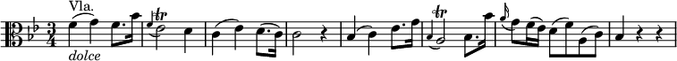 { \relative f' { \key bes \major \time 3/4 \clef "alto"
f4( ^"Vla." _\markup { \italic "dolce" } g) f8. bes16 | \appoggiatura f4 es2 \trill d4 |
c4( es) d8.( c16) | c2 r4 | bes4( c) es8. g16 | \appoggiatura bes,4 a2 \trill bes8. bes'16 |
\appoggiatura a16 g8 f16( es) d8( f) a,( c) | bes4 r r }}
\layout { \context {\Score \override SpacingSpanner.common-shortest-duration = #(ly:make-moment 1/8) }} 