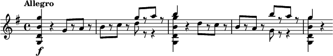 
\relative c''' {
  \tempo "Allegro"
  \key g \major
  <g b, d, g,>4\f r g,8[ r a] r |
  b8[ r c] r 
     << { g'8[ r a] r | b4 } \\ { d,8 r r4 | <g b, d, g,>4 } >>
  r4 d8[ r c] r |
  b8[ r a] r 
     << { b'8[ r a] r | g4 } \\ { g,8 r r4 | <g' b, d, g,>4 } >>
  r4
}
