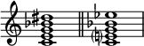 
\new Staff \fixed c' {
  \omit Staff.TimeSignature
  <c e g bes dis'>1 \bar "||" <c e? g bes ees'>
}
