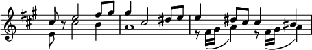 
 \relative c'
  \new Staff \with { \remove "Time_signature_engraver" } {
   \key fis \minor \time 4/4
    << 
     {
      \voiceOne
       cis'8 b8\rest e2 fis8 gis gis4 cis,2 dis8 e e4 dis8 cis cis4 bis4
     }
      \new Voice 
      {
       \voiceTwo
        e,8 s8 cis'2 b4 a1 r8 fis16( gis a4) r8 fis16( gis a4)
      }
    >>
 }
