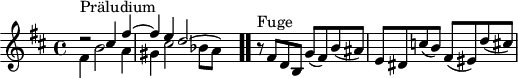 
\version "2.18.2"
\header {
  tagline = ##f
}

\score {
  \new Staff \with {
%fontSize = #-2
  }
<<
  \relative c'' {
    \key b \minor
    \time 4/4

     %% INCIPIT CBT I-24, BWV 869, si mineur 
     << { d2\rest^\markup{Präludium} cis4 fis~ \once \override Staff.TimeSignature #'stencil = ##f \time 9/8 fis e d2~ \hideNotes d8 } \\ { fis,4 b2 a4 gis cis2 bes8[ a] } >> \bar ".."

      \once \override Staff.TimeSignature #'stencil = ##f \time 4/4
      r8^\markup{Fuge} fis8 d b g'( fis) b( ais) | e dis c'( b) fis( eis) d'( cis)
  }
>>
  \layout {
     \context { \Score \remove "Metronome_mark_engraver" 
     \override SpacingSpanner.common-shortest-duration = #(ly:make-moment 1/2)
}
  }
  \midi {}
}
