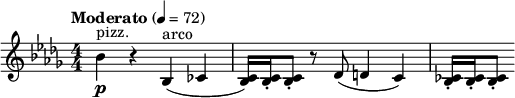  \relative c'' { \clef treble \numericTimeSignature \time 4/4 \key bes \minor \tempo "Moderato" 4 = 72 bes4\p^"pizz." r bes,(^"arco" ces | <c bes>16) <c bes>-. <c bes>8-. r des( d4 c) | <ces bes>16-. <ces bes>-. <ces bes>8-. } 