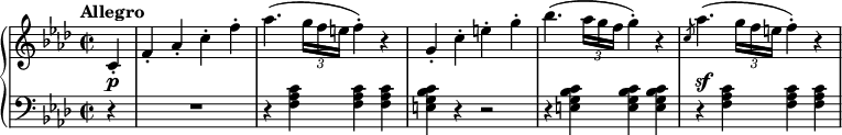 
\new PianoStaff <<
 \new Staff \relative c' {
  \tempo "Allegro"
  \key f \minor \time 2/2
  \partial 4 c4-. |
  f4-. as-. c-. f-. |
  as4.( \tuplet 3/2 { g16 f e } f4-.) r |
  g,4-. c-. e-. g-. |
  bes4.( \tuplet 3/2 { as16 g f } g4-.) r |
  \slashedGrace c,8 as'4.( \tuplet 3/2 { g16 f e } f4-.) r |
 }
 \new Dynamics { s4\p | s1*4 | s1\sf }
 \new Staff \relative c {
  \key f \minor \clef bass
  r4 |
  R1 |
  r4 <f as c> q q |
  <e g bes c>4 r r2 |
  r4 q q q |
  r4 <f as c> q q |
 }
>>
