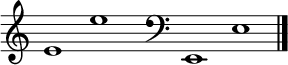 
\new Staff \with
{
  \omit TimeSignature
  fontSize = #2
  \override StaffSymbol.staff-space = #1.25
  \override StaffSymbol.thickness = #1.25
  \override Clef.full-size-change = ##t
  \override BarLine.hair-thickness = #2.4
  \override BarLine.thick-thickness = #7.5
  \override BarLine.kern = #3.75
  \override BarLine.transparent = ##t
}
{
  \time 18/8
  \clef treble
  s8
  e'1 e''
  s8
  \grace s8
  \clef bass
  \bar "|"
  s8
  e,1 e
  \override Staff.BarLine.transparent = ##f
  \bar "|."
}
