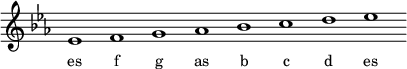 
\relative f'{
\key es \major
\override Staff.TimeSignature #'stencil = ##f
\cadenzaOn es1 f g as bes c d es \cadenzaOff
}
\addlyrics { \small {
es f g as b c d es
} }
