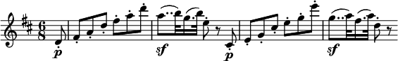  { \relative d' { \key d \major \time 6/8
\partial 8 d8-. \p | fis8-. a-. d-. fis-. a-. d-. | a8..( \sf b32) g16.( b32) e,8-. r cis,-. \p |
e8_. g-. cis-. e-. g-. e'-.| g,8..( \sf a32) fis16.( a32) d,8-. r
}} 