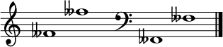 
\new Staff \with
{
  \omit TimeSignature
  fontSize = #2
  \override StaffSymbol.staff-space = #1.25
  \override StaffSymbol.thickness = #1.25
  \override Clef.full-size-change = ##t
  \override BarLine.hair-thickness = #2.4
  \override BarLine.thick-thickness = #7.5
  \override BarLine.kern = #3.75
  \override BarLine.transparent = ##t
}
{
  \time 18/8
  \clef treble
  s8
  feses'1 feses''
  s8
  \grace s8
  \clef bass
  \bar "|"
  s8
  feses,1 feses
  \override Staff.BarLine.transparent = ##f
  \bar "|."
}
