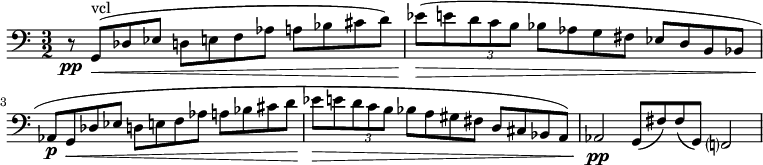 
\relative c'' {
\time 3/2
\set Staff.midiInstrument = #"string ensemble 1"
\set Score.tempoHideNote = ##t \tempo 2 = 100
\clef bass
  \set Score.barNumberVisibility = #all-bar-numbers-visible
  \override TupletBracket #'stencil = ##f
  \set Score.currentBarNumber = #1
  \key c\major
  % Permit first bar number to be printed
  \bar ""
r8\pp g,,8\<^"vcl"( des' es d e f as a bes cis d)| es\>( e \tuplet 3/2 {d c b} bes as g fis es d b bes|as\p( g8\< des' es d e f as a bes cis d| es\> e \tuplet 3/2 {d c b} bes a gis fis d cis bes a)|as2\pp g8( fis') fis( g,) f?2
}
