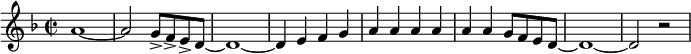 {\key f \major\time 2/2 a'1~a'2 g'8-> f'-> e'-> d'~d'1~d'4 e'4 f' g' a' a' a' a'  a' a' g'8 f' e' d'~d'1~d'2 r2 }