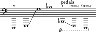 {
    \new Staff \with { \remove "Time_signature_engraver" }
    \clef bass \key c \major \cadenzaOn
    \tweak font-size #-2 c,,1 \finger \markup \text "V"
    e,,1 \glissando g1
    \tweak font-size #-2 bes1
    \ottava #-1
    \tweak font-size #-2 bes,,,1 ^ \markup "pedals" \finger \markup \text "1"
    \glissando
    \tweak font-size #-2 e,,,1   \finger \markup \text "7 (poss.)"
    \tweak font-size #-2 c,,,1 \finger \markup \text "V (poss.)"
  }