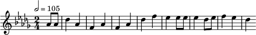 
\relative c'' { 
  \set Staff.midiInstrument = #"piano"
  \tempo 2 = 105
  \key des \major
  \time 2/4
  \partial 4 as8 as des4 as f as f as des f es es8 es es4 des8 es f4 es des
}
