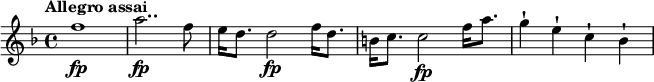 
\relative c'' {
  \tempo "Allegro assai"
  \key f \major
  f1\fp |
  a2..\fp f8 |
  e16 d8. d2\fp f16 d8. |
  b16 c8. c2\fp f16 a8. |
  g4-! e-! c-! bes-! |
}
