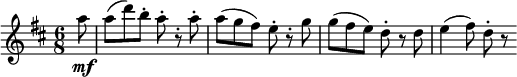  { \relative a'' { \key d \major \time 6/8
\partial 8 a8 \mf | a8( d) b-. a-. r-. a-. | a8( g fis) e-. r-. g | g8( fis e) d-. r d | e4( fis8) d-. r }} 