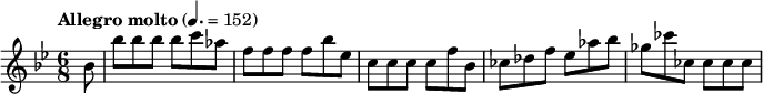 
  \relative c'' { \clef treble \key bes \major \time 6/8 \tempo "Allegro molto" 4. = 152 \partial 8*1 bes8 bes' bes bes bes c aes f f f f bes ees, c c c c f bes, ces des f ees aes bes ges ces ces, ces ces ces }
