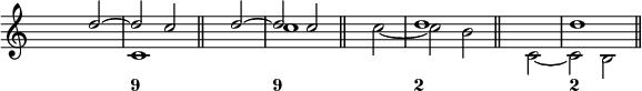 
  \new Staff
<<
\override Staff.TimeSignature.transparent = ##t
\set Score.tempoHideNote = ##t
  \time 2/2
    \tempo 4 = 160
 <<
 \new Voice = "first"
    \relative c''
      { \voiceOne s2 d ~ d c \bar "||" s d ~ d c \bar "||" s1 d \bar "||" s1 d \bar "||" 
      }
 \new Voice = "second"
    \relative c'
      { \voiceTwo s1 c \bar "||" s1 c' \bar "||" s2 c ~ c b \bar "||" s c, ~ c b \bar "||"
      }
 >>
  \new FiguredBass {
    \figuremode { <_>1 <9> <_> <9> <_> <2> <_> <2>
    }
  }
>>
