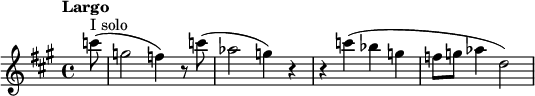 
\new staff
\relative c''' {
\set Staff.midiInstrument = #"oboe"
\key fis \minor
\time 4/4
\tempo "Largo" \tempo 4 = 50
\partial 8(^ "I solo") c8 (g2 f4) r8 c' (as2 g4) r r c (bes g f8 g as4 d,2)  
}
