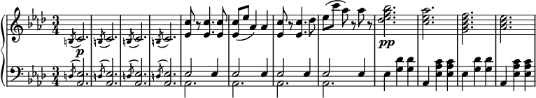 
 \relative b' {
  \new PianoStaff <<
   \new Staff { \key f \minor \time 3/4
    \set Score.tempoHideNote = ##t \tempo "" 2. = 48
        \slashedGrace b,8( c2.) \slashedGrace b8( c2.) \slashedGrace b8( c2.) \slashedGrace b8( c2.) <ees c'>8 r <ees c'>4. <ees c'>8 <ees c'>( ees' aes,4) aes <ees c'>8 r <ees c'>4. des'8 ees[( c'] aes) r aes r <des, ees g bes>2.\pp <c ees aes> <g bes des f> <aes c ees>
   }
   \new Dynamics {
    s\p
    }
   \new Staff { \key f \minor \time 3/4 \clef bass
    <<
      { \slashedGrace d,,8( <ees aes,>2.) \slashedGrace d8( <ees aes,>2.) \slashedGrace d8( <ees aes,>2.) \slashedGrace d8( <ees aes,>2.) \stemUp ees2 ees4 ees2 ees4 ees2 ees4 ees2 ees4 }
    \\
      {s2. s s s aes, aes aes aes}
    >>
{ees'4 <g des'> <g des'> aes, <ees' aes c> <ees aes c> ees4 <g des'> <g des'> aes, <ees' aes c> <ees aes c> }
      }
  >>
 }
