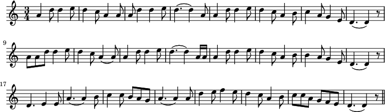  % add audio player
\language "english" % notation of accidentals
 \relative c' % relative pitch coding
{ 
  \set Staff.midiInstrument=#"violin"
   \key c \major
    \time 3/4
     %\tempo not indicated
      %\cadenzaOn % enter barlines manually: auto sets wrong ones
        a'4 d8 d4 e8        % 1
        d4 c8 a4 a8         % 2
        a8 d4 d4 e8         % 3
        d4.( d4) a8         % 4
        a4 d8 d4 e8         % 5
        d4 c8 a4 b8         % 6
        c4 a8 g4 e8         % 7
        d4.( d4) r8         % 8
        a'8 a8 d8 d4 e8     % 9
        d4 c8 a4( a8)       % 10
        a4 d8 d4 e8         % 11
        d4.( d4) a16 a16    % 12
        a4 d8 d4 e8         % 13
        d4 c8 a4 b8         % 14
        b4 a8 g4 e8         % 15
        d4.( d4) r8         % 16
        d4. e4 e8           % 17
        a4.( a4) b8         % 18
        c4 c8 b8[ a8 g8]    % 19
        a4.( a4) a8         % 20
        d4 e8 f4 e8         % 21
        d4 c8 a4 b8         % 22
        c8[ c8 a8] g8 f8 e8 % 23
        d4.( d4) r8 \bar "||"
}
