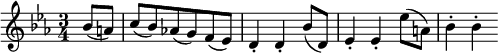  \relative bes' {
\key es \major \time 3/4
\partial 4 bes8( a) | c8( bes) as!( g) f( es)
d4-. d-. bes'8( d,) | es4-. es-. es'8( a,) | bes4-. bes-.
} 