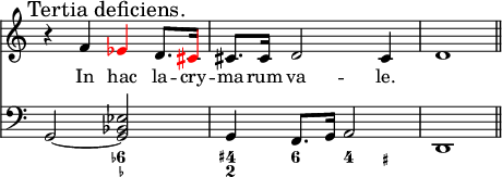 
\version "2.14.2"
\header {
  tagline = ##f
        }
melody = \relative c' {
  \override Score.TimeSignature.stencil=##f
  \key c \major
  \time 2/2
  \tempo 4 = 72
\once \override Score.RehearsalMark.self-alignment-X = #LEFT \mark "Tertia deficiens." r4 f \tweak NoteHead.color #red \tweak Stem.color #red \tweak Accidental.color #red es d8. \tweak NoteHead.color #red \tweak Stem.color #red \tweak Accidental.color #red cis16 | cis8. cis16 d2 cis4 | d1 \bar "||" }

\addlyrics { In hac la -- cry -- ma -- rum va -- le. }

bass = \relative c {
  \override Score.TimeSignature.stencil=##f
  \clef bass
  \key c \major
  \time 2/2
  \tempo 4 = 72
g2~ <g bes es> | g4 f8. g16 a2 d,1 }

\score {
   \new pianoStaff
    << \new Staff = "melody" \melody
       \new Staff = "bass" \bass
       \new FiguredBass { \figuremode { s2 <6- _->2 <4+ 2>4 <6>4 | <4> <_+> } } >>
  \layout {
\override Staff.TimeSignature.transparent =##t
    \context {
      \Score
      \remove "Metronome_mark_engraver"
      \remove "Staff_collecting_engraver"
      \remove "Bar_number_engraver"
    }
  indent = 0
  }
  \midi { }
}
